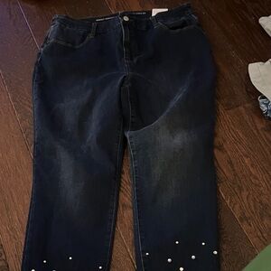 Chico's Dark Blue Straight Leg Jeans with Pearl Details